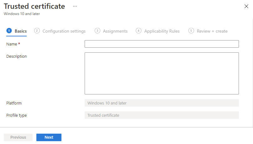 The image shows the trusted certificate screen in the Microsoft Intune configuration manager.