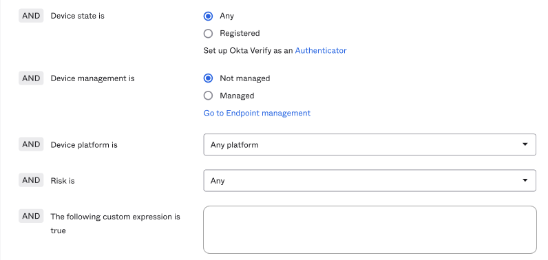 This image shows what any existing policies with the Okta FastPass feature should look like before disabling Okta FastPass.