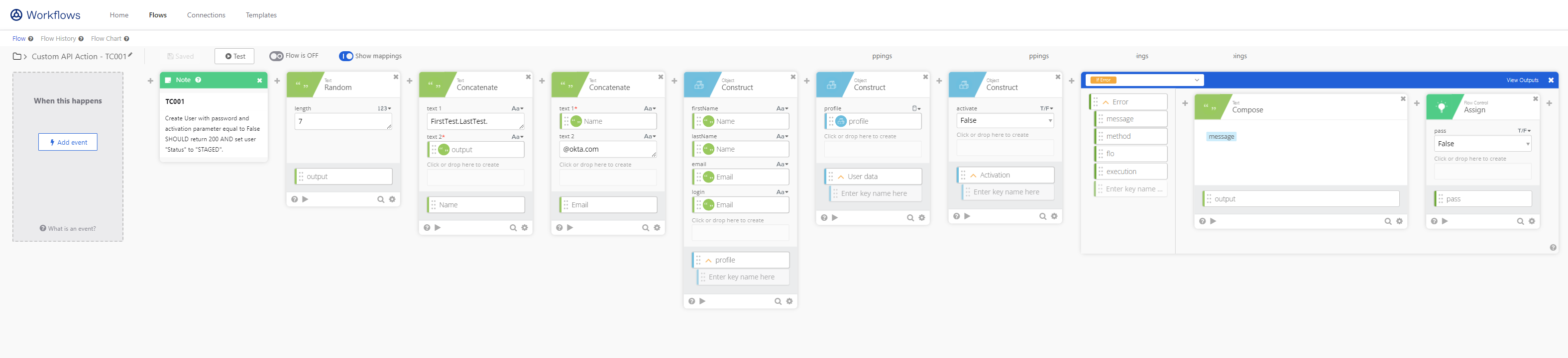 Test case flow showing the user creation action with the "If Error" option for the "If Error" card.